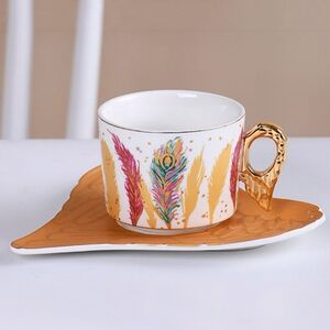 Yellow Gold Angel Wings Feather Ceramic Mug Tea Cup Coffee Saucer Set Teacup